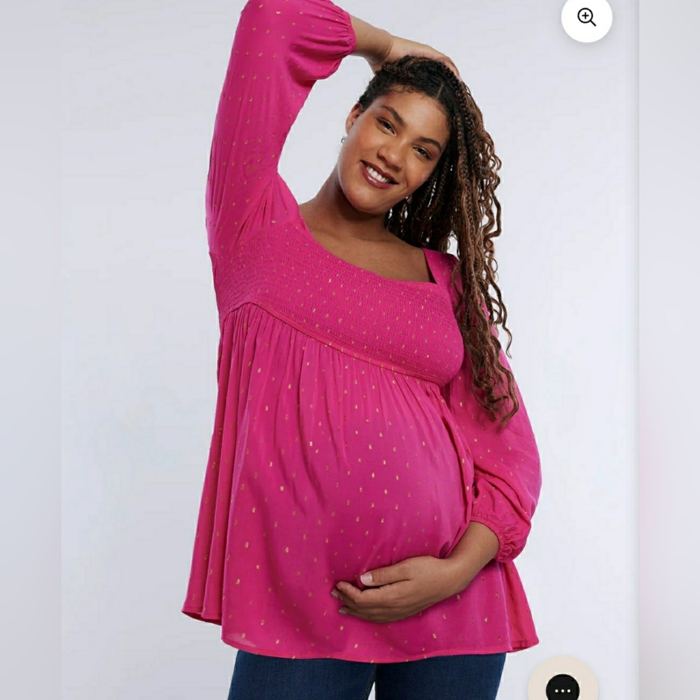 Motherhood Smocked Square Long Sleeve Babydoll Maternity Top  Pink Gold Size XL